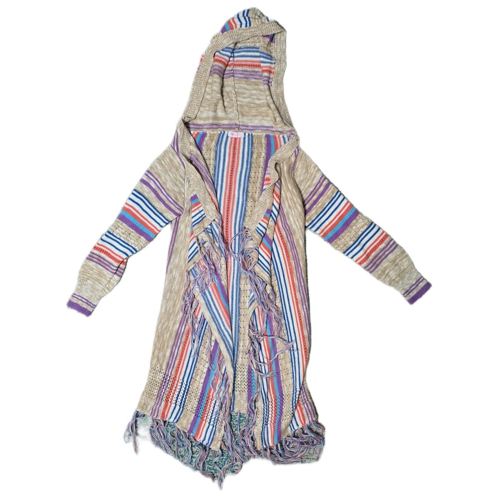 I Heart Pinc Hooded Fringe Cardigan‎ Sweater Striped Boho Hippie Medium
(V)